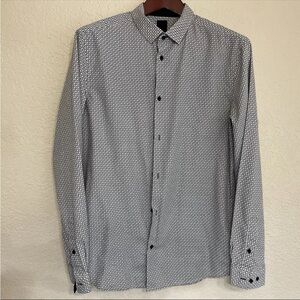 H&M Button Shirt Mens Large White Black Long Sleeve Collar Cotton Blend Slim Fit
